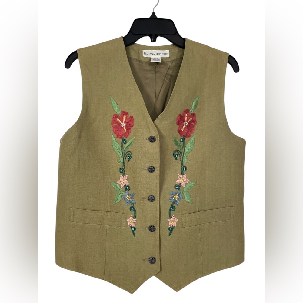 Vintage Banana Republic Linen Floral Embroidered Vest Beaded Sz Medium